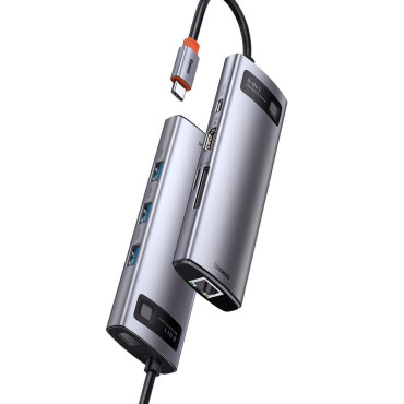 Multifunktionell nav 8in1 USB USB-C PD 100W HDMI SD-kortläsare och microSD 3x USB 3.2 RJ45 Grå