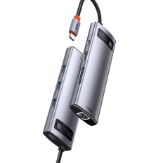 Hub multifuncional 8in1 USB USB-C PD 100W HDMI Leitor de cartão SD e microSD 3x USB 3.2 RJ45 Cinza
