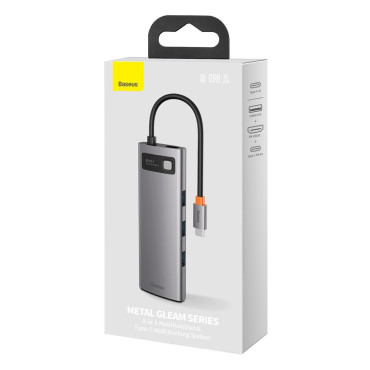 Hub multifuncional 8in1 USB USB-C PD 100W HDMI Leitor de cartão SD e microSD 3x USB 3.2 RJ45 Cinza