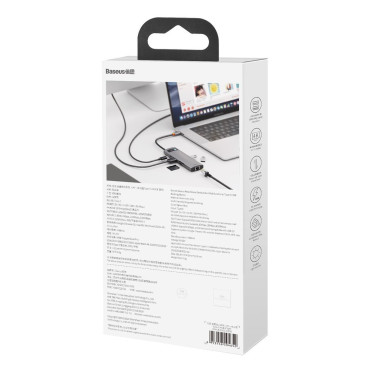 Monitoiminen HUB 8IN1 USB USB-C PD 100W HDMI SD -kortinlukija ja microSD 3x USB 3.2 RJ45 Grey
