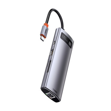 Hub multifuncional 8in1 USB USB-C PD 100W HDMI Leitor de cartão SD e microSD 3x USB 3.2 RJ45 Cinza