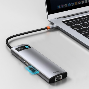 Hub multifuncional 8in1 USB USB-C PD 100W HDMI Leitor de cartão SD e microSD 3x USB 3.2 RJ45 Cinza