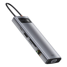 Multifuncional Hub 9in1 USB-C 3XUSB 3.2 PD VGA Full HD HDMI 4K TF e leitor de cartão SD RJ45 Cinza