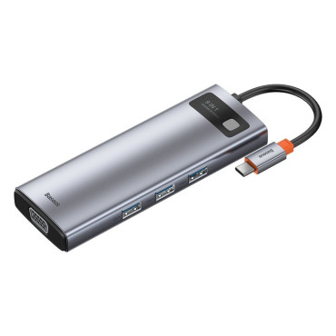 Multifuncional Hub 9in1 USB-C 3XUSB 3.2 PD VGA Full HD HDMI 4K TF e leitor de cartão SD RJ45 Cinza