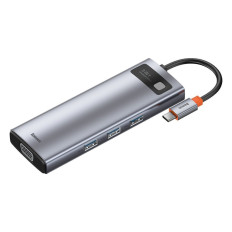 Multifuncional Hub 9in1 USB-C 3XUSB 3.2 PD VGA Full HD HDMI 4K TF e leitor de cartão SD RJ45 Cinza