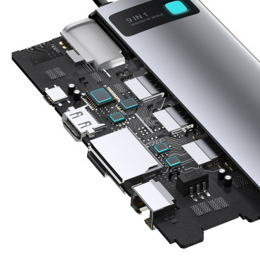 Multifuncional Hub 9in1 USB-C 3XUSB 3.2 PD VGA Full HD HDMI 4K TF e leitor de cartão SD RJ45 Cinza
