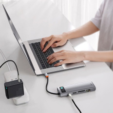 Multifuncional Hub 9in1 USB-C 3XUSB 3.2 PD VGA Full HD HDMI 4K TF e leitor de cartão SD RJ45 Cinza