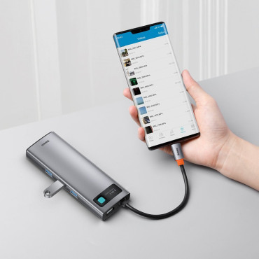 Multifuncional Hub 9in1 USB-C 3XUSB 3.2 PD VGA Full HD HDMI 4K TF e leitor de cartão SD RJ45 Cinza