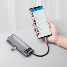 Multifuncional Hub 9in1 USB-C 3XUSB 3.2 PD VGA Full HD HDMI 4K TF e leitor de cartão SD RJ45 Cinza