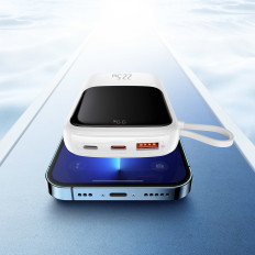 QPOW Powerbank 10000mAh sisseehitatud USB-kaabel Tüüp C 22,5W kiire tasu valge