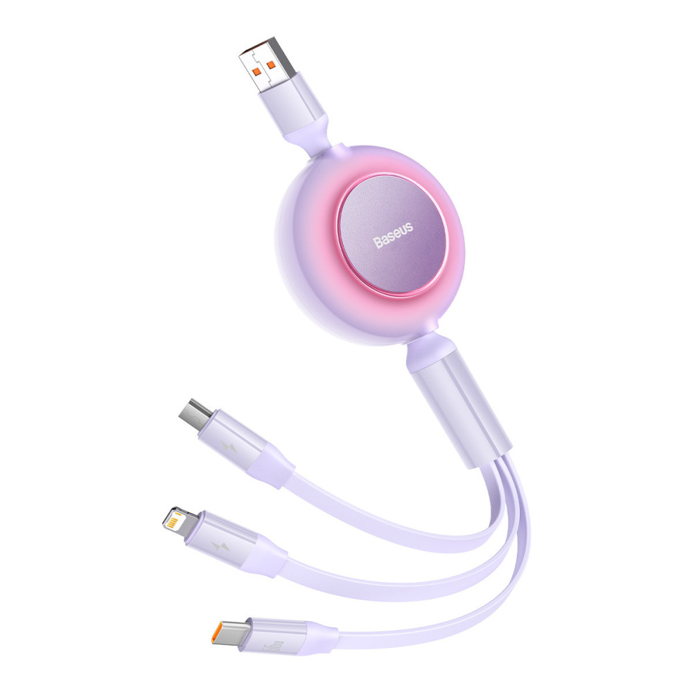 Τυλιγμένο καλώδιο 3in1 USB Microucb + iPhone Lightning + USB-C 66W 1.1m βιολετί