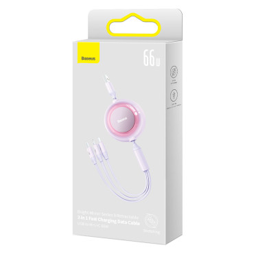 Valcuotas kabelis 3in1 USB MicroUSB + iPhone Lightning + USB-C 66W 1.1m violetinė