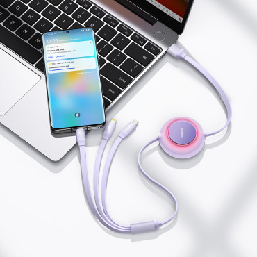 Velmēts kabelis 3in1 USB microusb + iPhone zibens + USB-C 66W 1.1m Violet