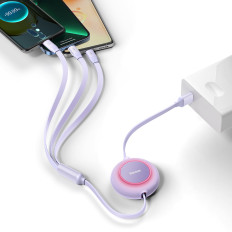 Velmēts kabelis 3in1 USB microusb + iPhone zibens + USB-C 66W 1.1m Violet