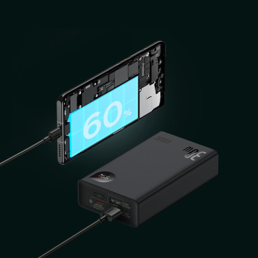 PowerBank ar displeju 20000mAh 30W 2xusb 1xusb-c ātru uzlādi SCP vooc melns