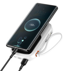 PowerBank ar ātru iekraušanu 10000mAh 20W QC-PD-SCP-FCP iPhone zibens kabelis balts