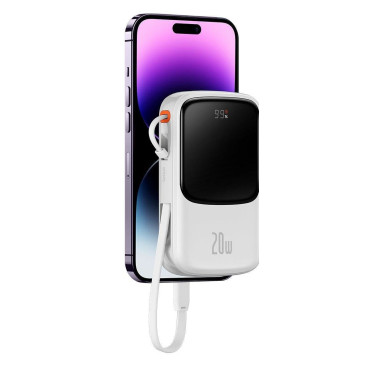 PowerBank ar ātru iekraušanu 10000mAh 20W QC-PD-SCP-FCP iPhone zibens kabelis balts