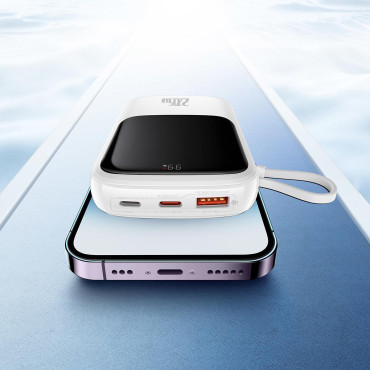 PowerBank ar ātru iekraušanu 10000mAh 20W QC-PD-SCP-FCP iPhone zibens kabelis balts