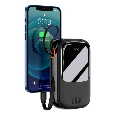 PowerBank ar ātru iekraušanu 20000mAh 20W QC-PD-SCP-FCP iPhone Zibens melns kabelis