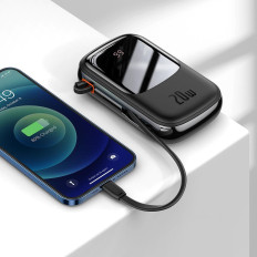 PowerBank ar ātru iekraušanu 20000mAh 20W QC-PD-SCP-FCP iPhone Zibens melns kabelis