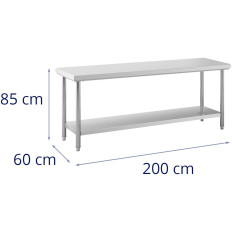 Table de travail gastronomique centrale avec une étagère en acier 200 x 60 cm