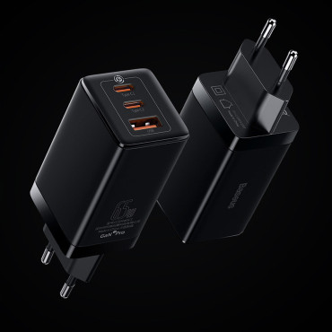 Fast Universal Gan3 Pro 2X Nätverksladdare USB-C / USB + USB-C 65W Kabel - Vit