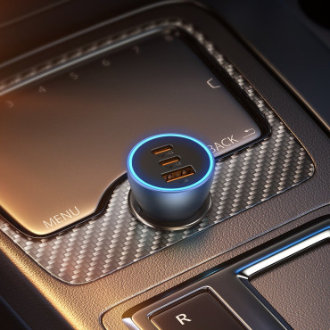 Pro USB-A Carregador de Carro + 2x USB-C 65W QC4.0 - Azul