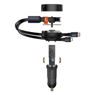 Carregador de carro 2in1 USB-C + iPhone relâmpago laminado 75cm 30 w - preto