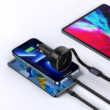 Carregador de carro 2in1 USB-C + iPhone relâmpago laminado 75cm 30 w - preto