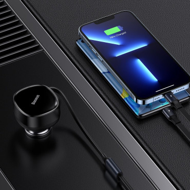 Carregador de carro 2in1 USB-C + iPhone relâmpago laminado 75cm 30 w - preto