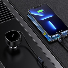 Carregador de carro 2in1 USB-C + iPhone relâmpago laminado 75cm 30 w - preto