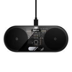 Dual Qi bezvadu lādētājs ar USB-C 20W displeju - melns