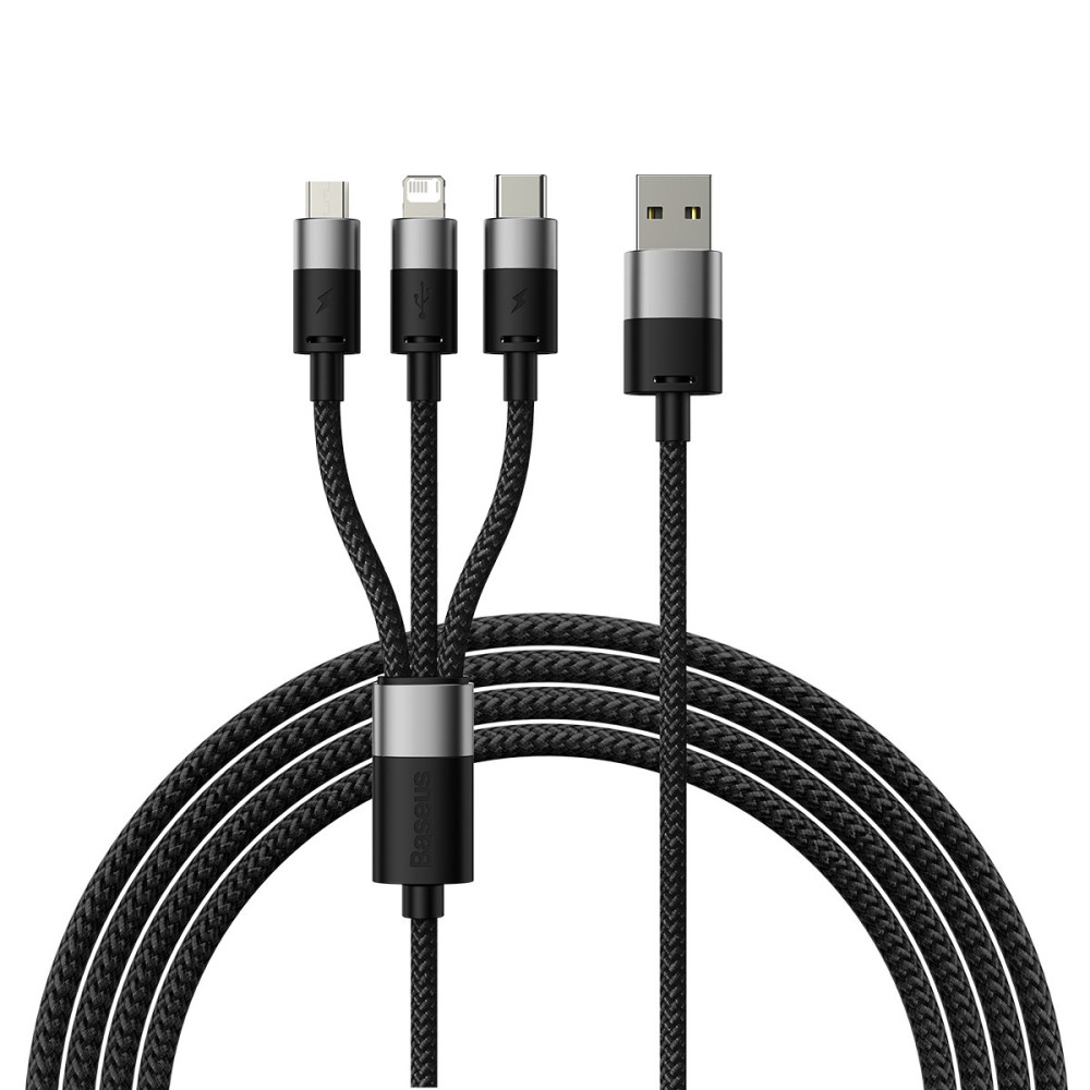 Strateeed 3in1 USB kabelis kabelis - Micro USB / iPhone zibens / USB-C 1.2m - melns
