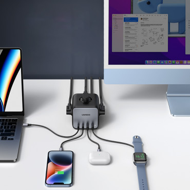 Charger Power Strip AC 240V GAN 2x USB-C 2X USB-A 3X AC 240V - Preto