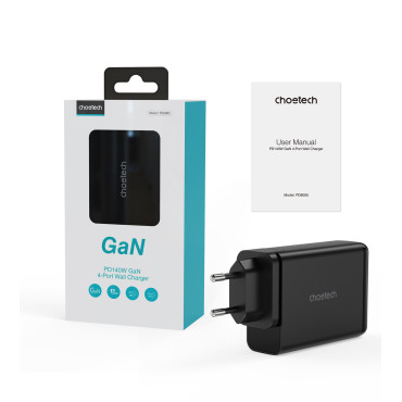 Punjač Gan 140w 4 portovi 2x USB-C + 2x USB - crno