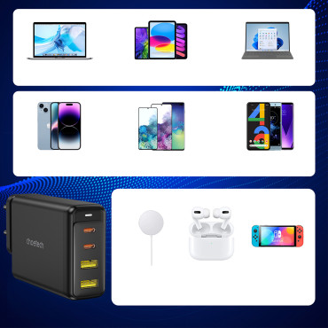 Oplader GAN 140W 4 Ports 2x USB-C + 2X USB - Sort