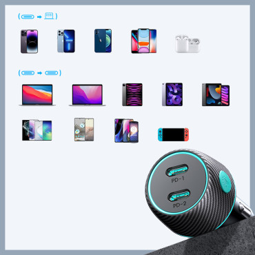 Dvigubo automobilio įkroviklis 2x USB-C 70W su LED apšvietimu JR-CCN02 - juoda