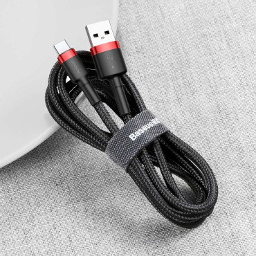 Izturīgs neilona kabelis USB kabelis - USB-C QC3.0 3A 0.5m melns un sarkans
