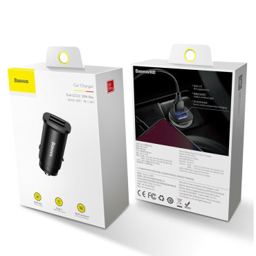 Carregador de carro inteligente quadrado 2x USB QC3.0 CARGA RÁPIDA 3.0 SCP AFC 30W Preto