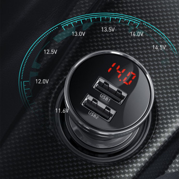 Carregador de carro 2X USB 4.8A 24 W com display LCD cinza