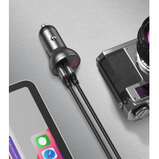 2x USB 4.8A-auton laturi 24W harmaalla LCD-näytöllä