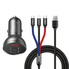 2x USB 4.8A Billaddare med LCD-skärm + 3IN1-kabel 1.2m svart