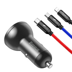 2x USB 4.8A Avtomobilski polnilnik z LCD zaslonom + 3in1 kabel 1.2m Črna