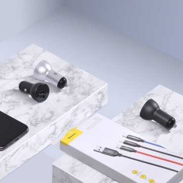 2x USB 4.8A-Autoladegerät mit LCD-Display + 3in1 Kabel 1.2m Schwarz