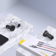 2x USB 4.8a punjač za automobile s LCD zaslonom + 3In1 kabel 1.2m Crna