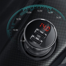Carregador de carro 2x USB 4.8A com display LCD + cabo 3in1 1.2m Preto