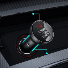 Carregador de carro 2x USB 4.8A com display LCD + cabo 3in1 1.2m Preto