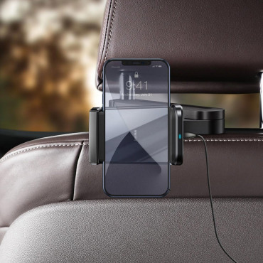 Automobilio laikiklis telefonui ant galvos atramos su belaidžiu įkrovikliu Qi 15 juoda