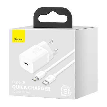 Cargador rápido para iPhone Suki SI 1C 20W ENTREGA DE ALIMENTACIÓN + Cable USB-C - Lightning 1m Blanco