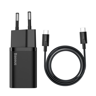 Carregador de rede rápido Suki Si QC PD 25W 3A + USB-C 1M Cable Preto